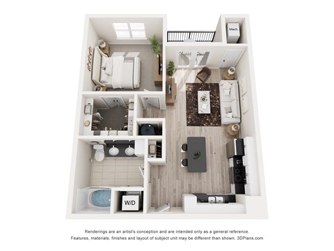 Floor plan for 1 bed, 1 bath, 715 sqft